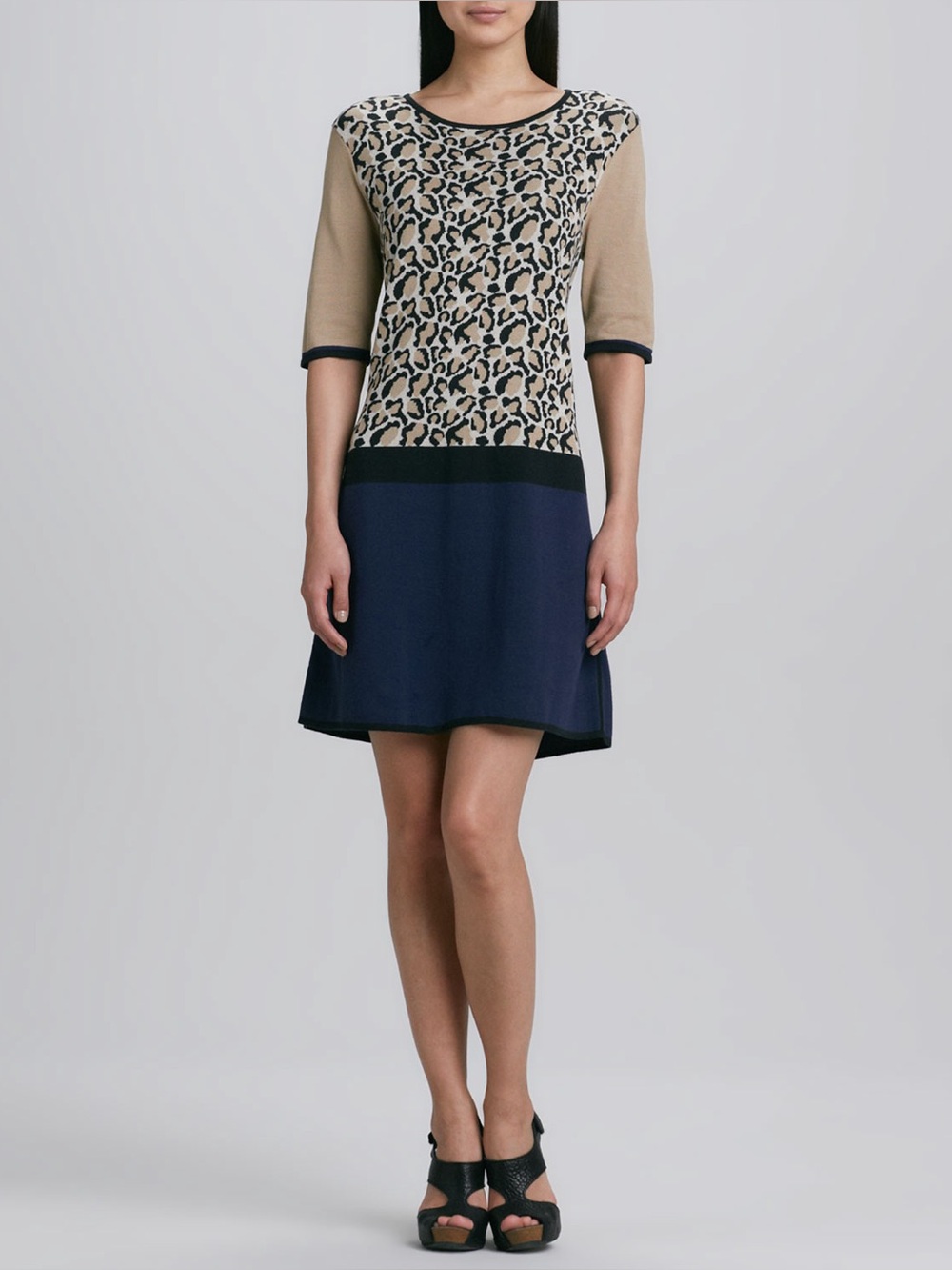 Joan Vass NWT Leopard Print Cotton Knit Midi Dress Sz 2 Large Colorblock